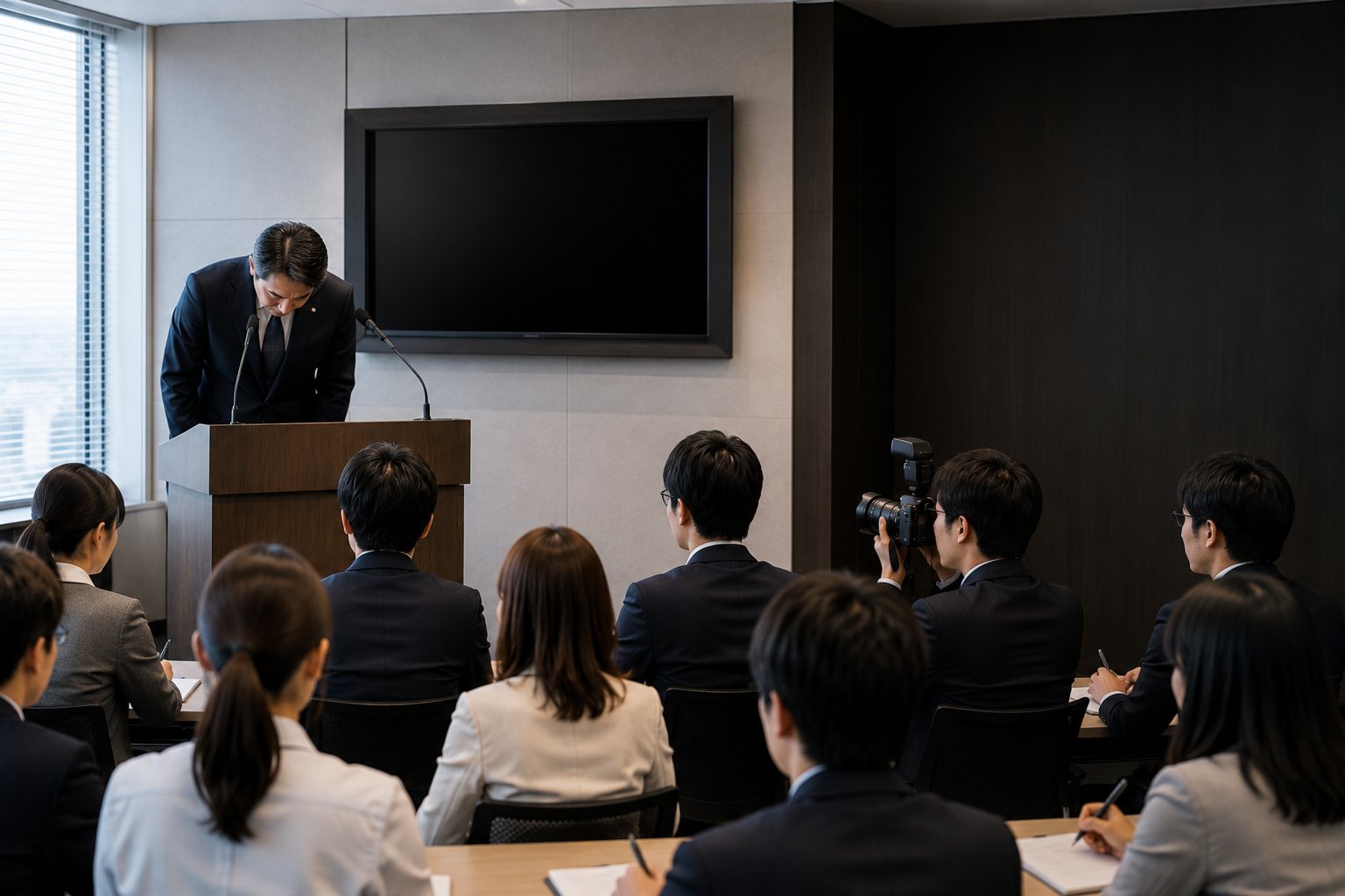 クライシスコミュニケーション研修の模擬記者会見